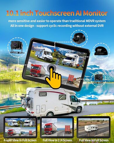 4-Ch AI WiFi GPS RV نظام الكاميرا السلكية مع كاميرا مقاومة للماء 4x1080p ، شاشة تعمل باللمس 10.1 بوصة مع شاشة مكتشف بقعة عمياء ، مجموعة مسجل فيديو DVR للشاحنة ، نصف المقطورة Camper Van in Kuwait