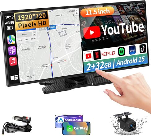 أكبر شاشة CarPlay لاسلكية مقاس 11.5 بوصة للسيارة، مدمجة في N-etflix/YouTube/TikTok وتطبيقات أخرى، شاشة A-pple CarPlay وAndroid Auto مع كاميرا احتياطية بدقة 1080 بكسل/ملاحة/تحكم صوتي، لجميع المركبات in Kuwait
