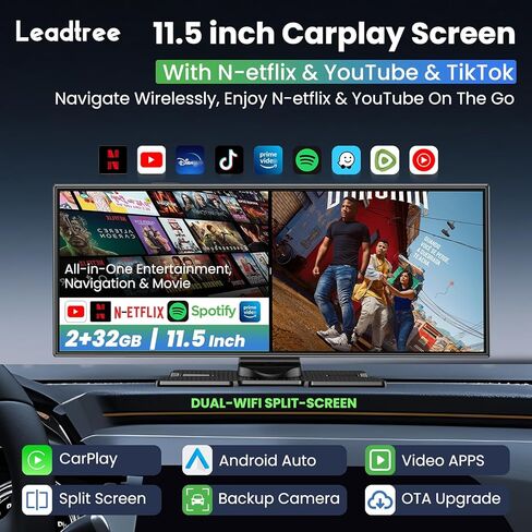 أكبر شاشة CarPlay لاسلكية مقاس 11.5 بوصة للسيارة، مدمجة في N-etflix/YouTube/TikTok وتطبيقات أخرى، شاشة A-pple CarPlay وAndroid Auto مع كاميرا احتياطية بدقة 1080 بكسل/ملاحة/تحكم صوتي، لجميع المركبات in Kuwait