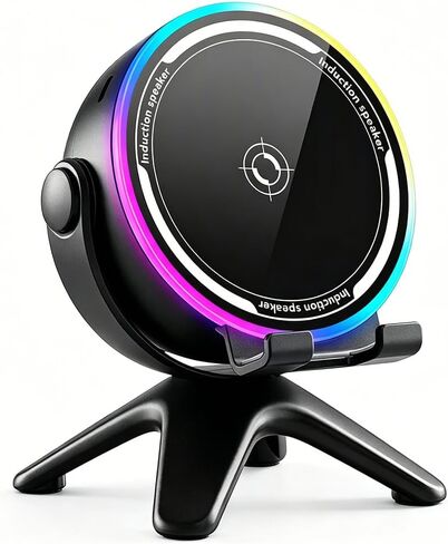 Wireless Induction Audio Speaker Stand, 5 in 1 Induction Speaker for iPhone with LED Lights Cell Phone Stand with Wireless Bluetooth Speaker 360° Rotable Angle Adjustable Gifts for Men Women in Kuwait