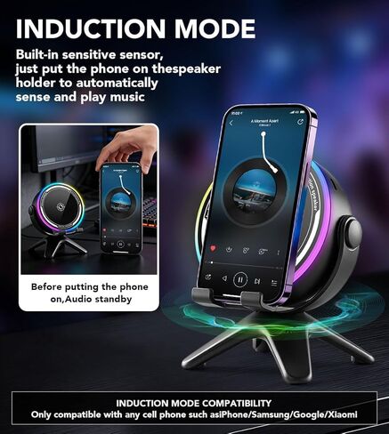 Wireless Induction Audio Speaker Stand, 5 in 1 Induction Speaker for iPhone with LED Lights Cell Phone Stand with Wireless Bluetooth Speaker 360° Rotable Angle Adjustable Gifts for Men Women in Kuwait