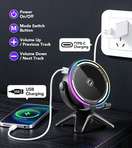 Wireless Induction Audio Speaker Stand, 5 in 1 Induction Speaker for iPhone with LED Lights Cell Phone Stand with Wireless Bluetooth Speaker 360° Rotable Angle Adjustable Gifts for Men Women in Kuwait