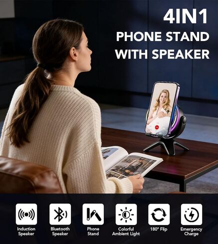 Wireless Induction Audio Speaker Stand, 5 in 1 Induction Speaker for iPhone with LED Lights Cell Phone Stand with Wireless Bluetooth Speaker 360° Rotable Angle Adjustable Gifts for Men Women in Kuwait