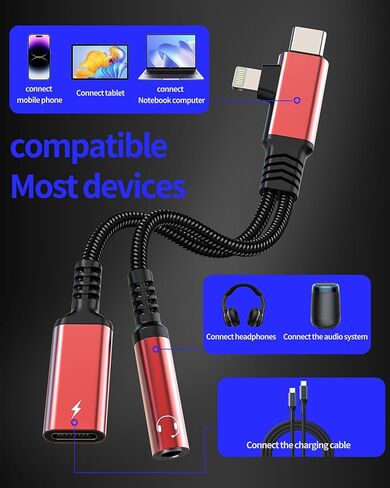 Lightning USB C to 3.5mm Audio Adapter (2in1) for iPhone 16 15 14 13 Pro Max Headphone Jack AUX Charger Splitter Microphone Cable Dongle for Apple Charging Cord Compatible for Samsung S25 Dual Female in Kuwait