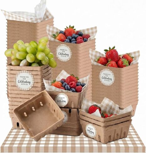 Willinglong 50 Sets Farmer Market Shower Party Favor Natural Pulp Fiber Berry Basket Gingham Wax Paper Sheet Thank You Sticker for Fresh off Bridal Locally Grown Baby Shower Display Gift (Sage) in Saudi Arabia