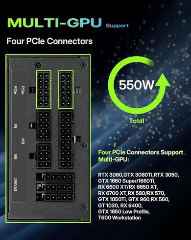 مصدر طاقة SFX بقدرة 550 وات SFF Mini ITX PSU 80 Plus Gold وحدات كاملة للكمبيوتر المكتبي المدمج للألعاب يدعم وحدة معالجة الرسومات المتعددة مع أربعة موصلات PCIe ومروحة فائقة الهدوء مقاس 115 مم لا تتضمن دعامة SFX إلى ATX باللون الأسود in Kuwait