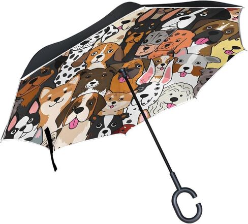 MRMIAN Doodle Dogs and Cat Faces Animal Colorful Windproof Inverted Open Close Reverse Rain Umbrella Inside Out Quality Waterproof Parasol Upside Down Stick Shelter with Hook c Handle in Saudi Arabia