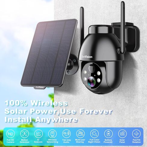 SeeVision كاميرات مراقبة تعمل بالطاقة الشمسية لاسلكية في الهواء الطلق، 2K PTZ WiFi 3MP كاميرا أمان داخلية للمنزل مع أضواء كاشفة، كشف حركة PIR، صفارة إنذار، رؤية ليلية ملونة، محادثة ثنائية الاتجاه، تخزين SD/سحابي in Kuwait