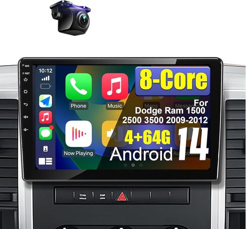 راديو سيارة 4+64G Android 14 لسيارة Dodge Ram 1500 2500 3500 2009-2012 مع Carplay اللاسلكي Android Auto، ترقية شاشة لمس عالية الدقة 10 بوصة لـ Ram 1500 ستيريو مع كاميرا احتياطية بلوتوث AM/FM/RDS/SWC in Kuwait
