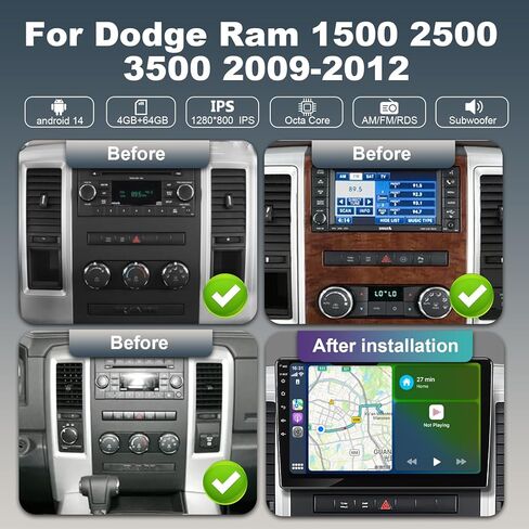 راديو سيارة 4+64G Android 14 لسيارة Dodge Ram 1500 2500 3500 2009-2012 مع Carplay اللاسلكي Android Auto، ترقية شاشة لمس عالية الدقة 10 بوصة لـ Ram 1500 ستيريو مع كاميرا احتياطية بلوتوث AM/FM/RDS/SWC in Kuwait