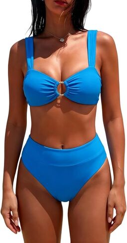 Women's High Waisted Bikini Sets Square Neck O-Ring 2 Piece Swimsuits Tummy Control Bathing Suits High Cut Push Up Swimwear in Saudi Arabia