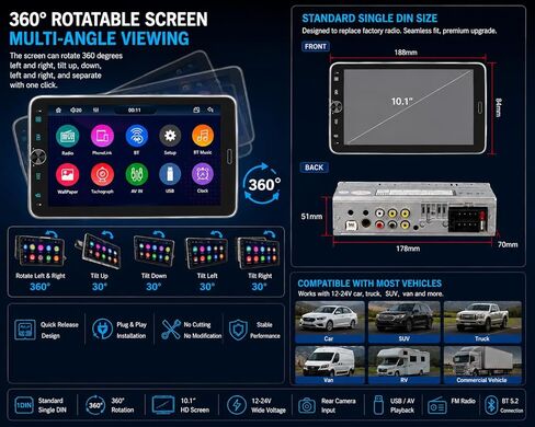 ستيريو سيارة DIN مقاس 10.1 بوصة مع تشغيل لاسلكي CarPlay، بلوتوث 5.2، شاشة لمس قابلة للدوران 720x1280 IPS، راديو FM AM RDS مع Android Auto، شحن سريع USB/Type-C، كاميرا احتياطية، مكالمات بدون استخدام اليدين in Kuwait