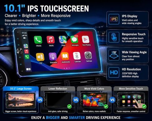 ستيريو سيارة DIN مقاس 10.1 بوصة مع تشغيل لاسلكي CarPlay، بلوتوث 5.2، شاشة لمس قابلة للدوران 720x1280 IPS، راديو FM AM RDS مع Android Auto، شحن سريع USB/Type-C، كاميرا احتياطية، مكالمات بدون استخدام اليدين in Kuwait