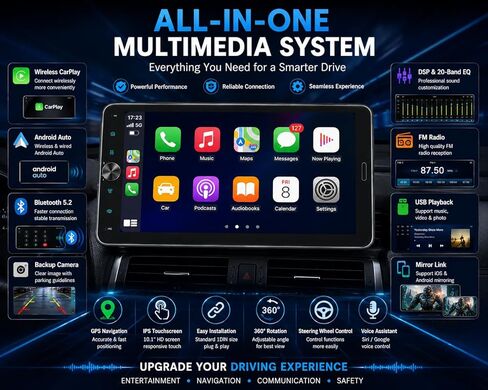 ستيريو سيارة DIN مقاس 10.1 بوصة مع تشغيل لاسلكي CarPlay، بلوتوث 5.2، شاشة لمس قابلة للدوران 720x1280 IPS، راديو FM AM RDS مع Android Auto، شحن سريع USB/Type-C، كاميرا احتياطية، مكالمات بدون استخدام اليدين in Kuwait