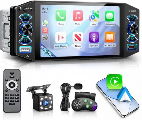 Single Din Car Stereo with Wireless Apple Carplay & Android Auto, 5" IPS Touchscreen Radio Bluetooth 5.2, Physical Knob Control, Waterproof Backup Camera, FM, MirrorLink, USB/Type-C, Navigation in Kuwait