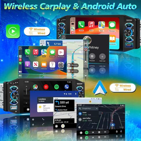 Single Din Car Stereo with Wireless Apple Carplay & Android Auto, 5" IPS Touchscreen Radio Bluetooth 5.2, Physical Knob Control, Waterproof Backup Camera, FM, MirrorLink, USB/Type-C, Navigation in Kuwait