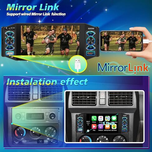 Single Din Car Stereo with Wireless Apple Carplay & Android Auto, 5" IPS Touchscreen Radio Bluetooth 5.2, Physical Knob Control, Waterproof Backup Camera, FM, MirrorLink, USB/Type-C, Navigation in Kuwait