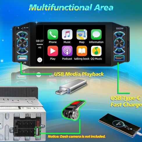 Single Din Car Stereo with Wireless Apple Carplay & Android Auto, 5" IPS Touchscreen Radio Bluetooth 5.2, Physical Knob Control, Waterproof Backup Camera, FM, MirrorLink, USB/Type-C, Navigation in Kuwait