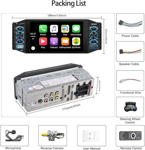Single Din Car Stereo with Wireless Apple Carplay & Android Auto, 5" IPS Touchscreen Radio Bluetooth 5.2, Physical Knob Control, Waterproof Backup Camera, FM, MirrorLink, USB/Type-C, Navigation in Kuwait