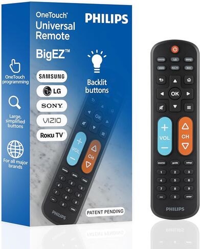 فيليبس BigEZ OneTouch جهاز تحكم عن بعد عالمي للتلفزيون لكبار السن، سهل الاستخدام، بديل لجهاز Samsung، LG، Sony، Vizio، Roku TV، أزرار بإضاءة خلفية، جهازين، أسود، SRP3945B/37 in Kuwait