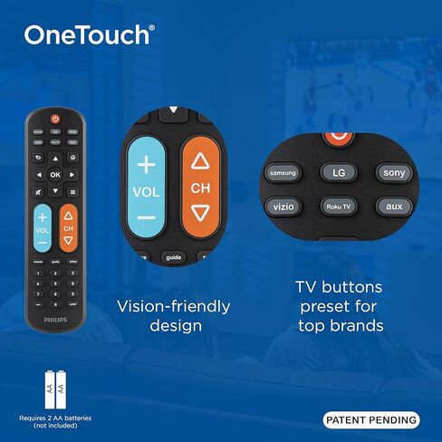 فيليبس BigEZ OneTouch جهاز تحكم عن بعد عالمي للتلفزيون لكبار السن، سهل الاستخدام، بديل لجهاز Samsung، LG، Sony، Vizio، Roku TV، أزرار بإضاءة خلفية، جهازين، أسود، SRP3945B/37 in Kuwait