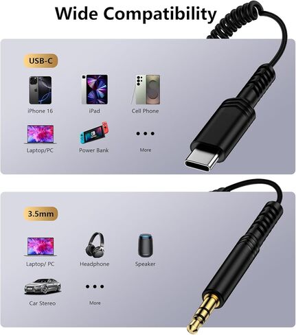 لكابل Samsung A17 USB C إلى 3.5 ملم صوت Aux Jack كابل 4FT ملفوف من النوع C إلى 3.5 ملم سلك ستيريو للسيارة لهاتف Galaxy A36 S25 Ultra Edge A16 Z Flip7 Fold7 S24 S23، iPhone 17 Pro Max Air 16e 16 Pro Max 15 in Kuwait