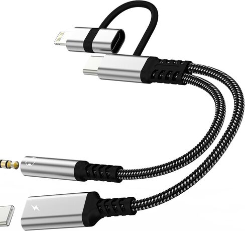 محول 3.5 ملم إلى USB C (2 في 2) لهاتف iPhone 17 16 15 14 13 لايتنينج إلى Aux Audio سماعة رأس جاك كابل مقسم دونجل شاحن سلك شحن السيارة لجهاز Ipad ثنائي الإضاءة DAC متوافق مع سامسونج in Kuwait