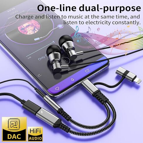 محول 3.5 ملم إلى USB C (2 في 2) لهاتف iPhone 17 16 15 14 13 لايتنينج إلى Aux Audio سماعة رأس جاك كابل مقسم دونجل شاحن سلك شحن السيارة لجهاز Ipad ثنائي الإضاءة DAC متوافق مع سامسونج in Kuwait