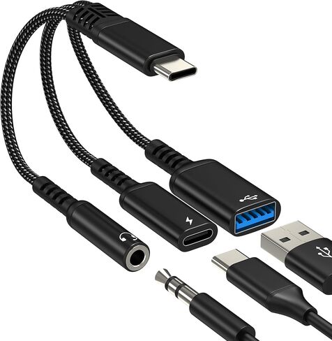 USB C 3.5mm Audio Adapter (3in1) Type C to Aux Headphone for iPhone 17 16 15 USB 3.0 Jack Splitter Cable Cord Charger Dongle OTG Dual Charging for iPad Car Adaptor DAC Compatible for Samsung in Kuwait