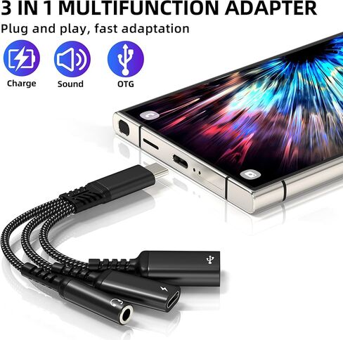 USB C 3.5mm Audio Adapter (3in1) Type C to Aux Headphone for iPhone 17 16 15 USB 3.0 Jack Splitter Cable Cord Charger Dongle OTG Dual Charging for iPad Car Adaptor DAC Compatible for Samsung in Kuwait