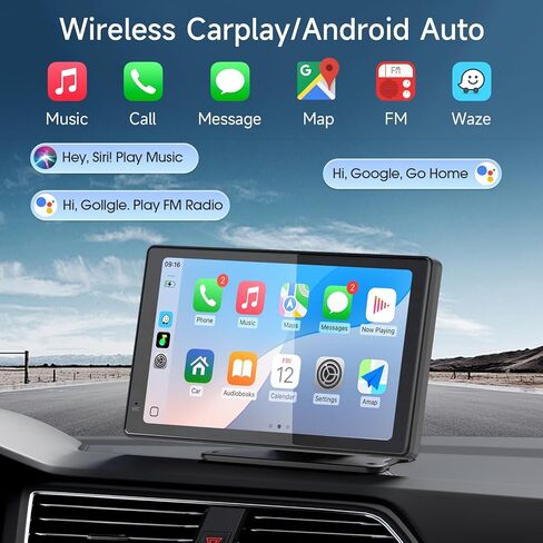 Haudio 7" Wireless CarPlay & Android Auto Screen for Car, Portable Car Stereo with 1080P Front & Rear Dash Cam, Backup Camera, Bluetooth, GPS Navigation, FM Transmitter, Plug & Play in Kuwait