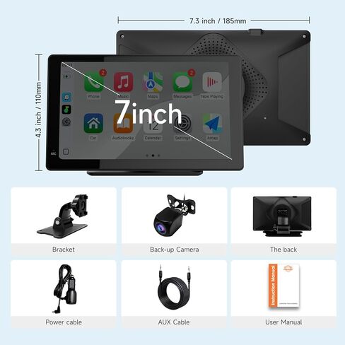 Haudio 7" Wireless CarPlay & Android Auto Screen for Car, Portable Car Stereo with 1080P Front & Rear Dash Cam, Backup Camera, Bluetooth, GPS Navigation, FM Transmitter, Plug & Play in Kuwait