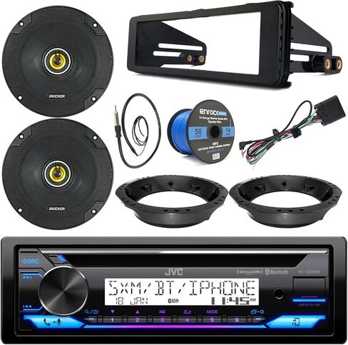 Single DIN Marine Bluetooth AM/FM CD Stereo Receiver, 2X 6.5 300 Watt Max 2-Way Car Audio Speakers w/Adapters, Stereo Install Kit 1998-2013 Harley Motorcycles, Antenna, Speaker Wire in Kuwait
