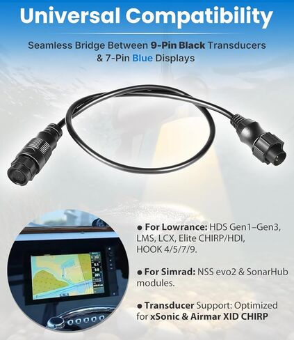 000-13977-001 كابل محول محول 9 دبابيس أسود إلى 7 دبابيس أزرق متوافق مع Lowrance HDS Gen2 Touch، Gen3، Elite HDI وSimrad NSS evo2، لمحولات xSonic وAirmar XID Chirp in Kuwait