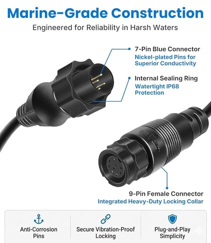 000-13977-001 كابل محول محول 9 دبابيس أسود إلى 7 دبابيس أزرق متوافق مع Lowrance HDS Gen2 Touch، Gen3، Elite HDI وSimrad NSS evo2، لمحولات xSonic وAirmar XID Chirp in Kuwait