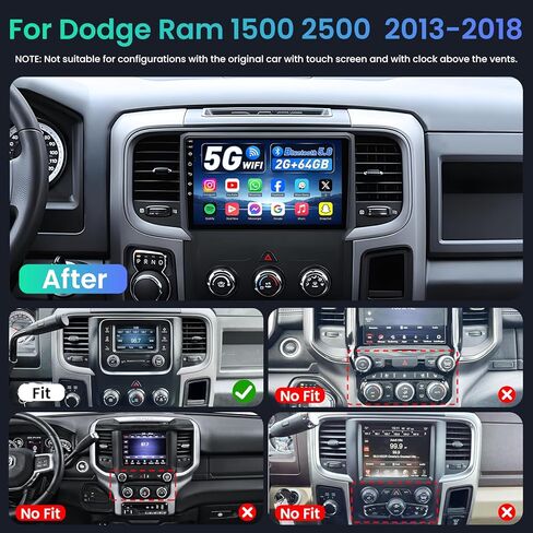 4Core+64G ROM Car Radio for Dodge Ram 1500 2500 3500 2013-2018: 1280 * 800 HD 9 Inch Touchscreen Replacement Stereo Carplay Android Auto 1080P Backup Camera GPS FM RDS 5G WiFi Bluetooth 5.0 in Kuwait