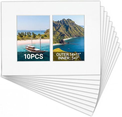 Maitys 10 Pack 11x14 Picture Mats, 5x7 Collage Frame Mattes, Displays Two 5x7 Inch Photos or 11x14, Bevel Cut Acid Free Mat Board for Wall Mounting Display and Vertical(2 Opening) in Kuwait