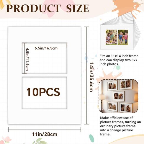 Maitys 10 Pack 11x14 Picture Mats, 5x7 Collage Frame Mattes, Displays Two 5x7 Inch Photos or 11x14, Bevel Cut Acid Free Mat Board for Wall Mounting Display and Vertical(2 Opening) in Kuwait