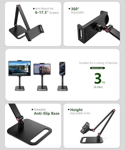 Portable Monitor Stand for Desk, Extra Tall Adjustable Tablet Holder (Max 45cm-17.7" Height), Aluminum 360° Swivel Arm Mount for 6-17.3" Screens, Fits 12.9 inch iPad Pro & Portable Displays in Saudi Arabia