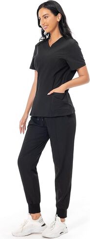 Scrub Set for Women Classic V-neck Scrub Top & Jogger Scrub Pants Athletic Nurse Scrub Set with 7 Pockets (Regular, Dark Navy, Medium) in Saudi Arabia