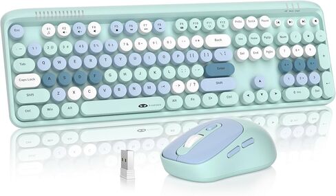MageGee V920 Wireless Keyboard and Mouse, Full-Sized Retro Typewriter Keyboard with Round Keycaps, Sleep Mode, Tilt Legs, 2.4GHz Silent Office Keyboard Mouse Combo for PC/Desktop/Laptop (Blue) in Kuwait