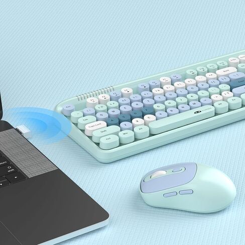 MageGee V920 Wireless Keyboard and Mouse, Full-Sized Retro Typewriter Keyboard with Round Keycaps, Sleep Mode, Tilt Legs, 2.4GHz Silent Office Keyboard Mouse Combo for PC/Desktop/Laptop (Blue) in Kuwait