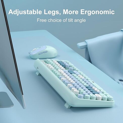MageGee V920 Wireless Keyboard and Mouse, Full-Sized Retro Typewriter Keyboard with Round Keycaps, Sleep Mode, Tilt Legs, 2.4GHz Silent Office Keyboard Mouse Combo for PC/Desktop/Laptop (Blue) in Kuwait
