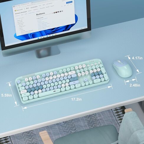 MageGee V920 Wireless Keyboard and Mouse, Full-Sized Retro Typewriter Keyboard with Round Keycaps, Sleep Mode, Tilt Legs, 2.4GHz Silent Office Keyboard Mouse Combo for PC/Desktop/Laptop (Blue) in Kuwait
