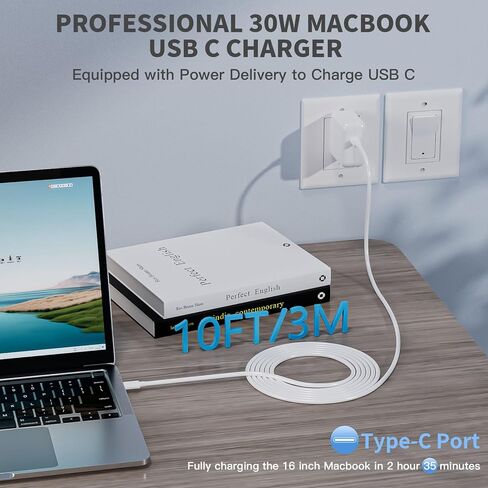 شاحن Mac Book Air، كابل USB C إلى C بطول 10 أقدام مع محول طاقة USB C محمول 30 وات متوافق مع MacBook Air M1 M2 M3 M4، MacBook Pro 13-16 بوصة، iPad Pro، iPhone 16/17 وجميع أجهزة USB-C in Kuwait
