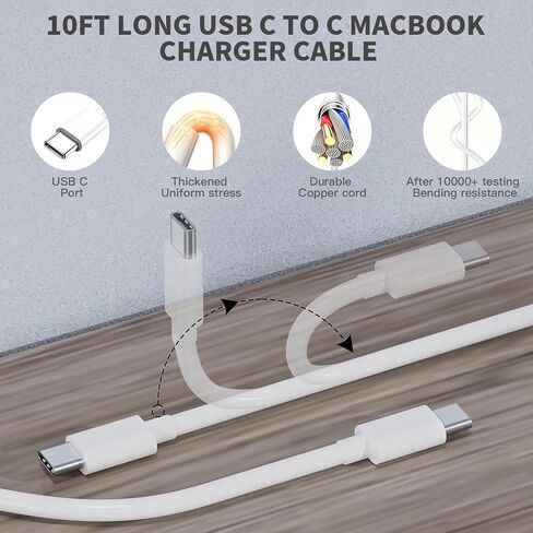 شاحن Mac Book Air، كابل USB C إلى C بطول 10 أقدام مع محول طاقة USB C محمول 30 وات متوافق مع MacBook Air M1 M2 M3 M4، MacBook Pro 13-16 بوصة، iPad Pro، iPhone 16/17 وجميع أجهزة USB-C in Kuwait