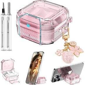 Safety Lock for Samsung Galaxy Buds 4 Pro Case/Galaxy Buds 4 Case Clear,Cute Flexible Hybrid TPU for Galaxy Bud 4/4 Pro Cover with Phone Stand with Girly Floral Keychain&Cleaning Pen-Pink in Saudi Arabia