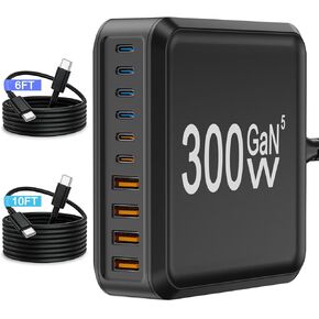 محطة شاحن USB، كتلة شاحن USB C بـ 10 منافذ مع كابلات بطول 6 أقدام/10 أقدام، محور شحن GaN من النوع C بقدرة 300 واط، شاحن iPhone شحن سريع لهاتف iPhone 17 16 15 Pro Max Plus، Galaxy S25 S24 S23، iPad Pro/Air، الكمبيوتر اللوحي in Kuwait