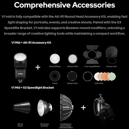 Godox V1 mid C V1midC TTL Flash for Canon with X3 C Trigger, Touchscreen Round Head mini Flash, 1.7s Recycle Time, Approx. 650 Full Power Flashes, 2W LED Modeling Lamp, 1/8000 HSS, Li-ion Battery in Kuwait