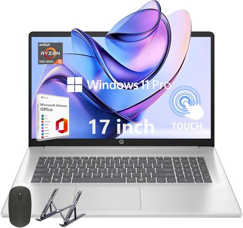كمبيوتر محمول HP 17 بشاشة تعمل باللمس، شاشة 17.3 بوصة HD+، ذاكرة الوصول العشوائي 8 جيجابايت، 256 جيجابايت SSD، معالج AMD Ryzen 5 (Beats i7-1165G7، حتى 4.3 جيجا هرتز)، مدى الحياة MS Office + Windows 11 Pro، ملحقات Alpacatec، فضي in Kuwait